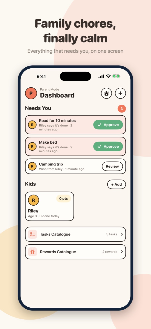 WishJar parent dashboard — everything that needs you on one screen